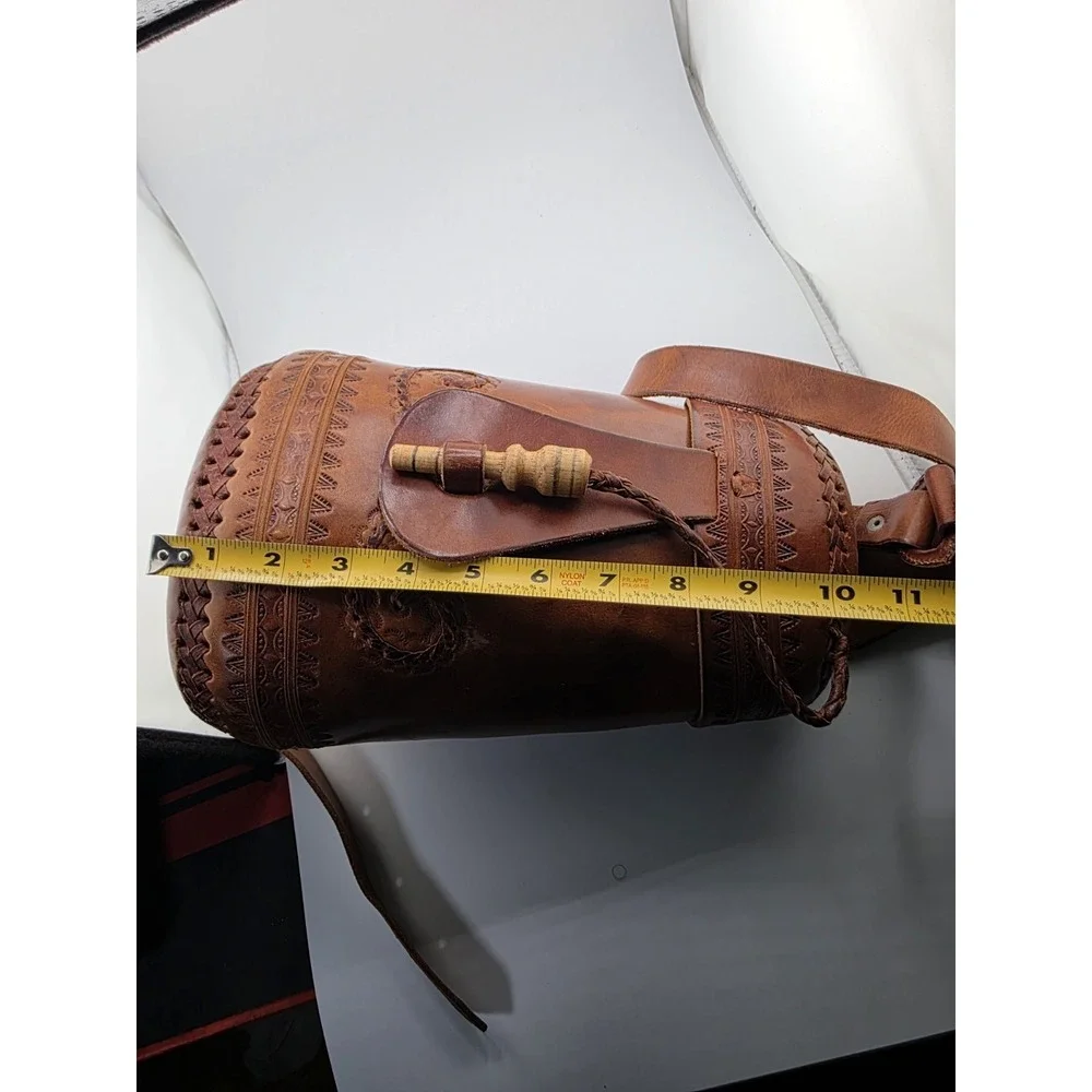 Vintage handcrafted Cowhide Leather Crossbody Bag Boho Tooled Cylinder Design - Picture 9 of 9